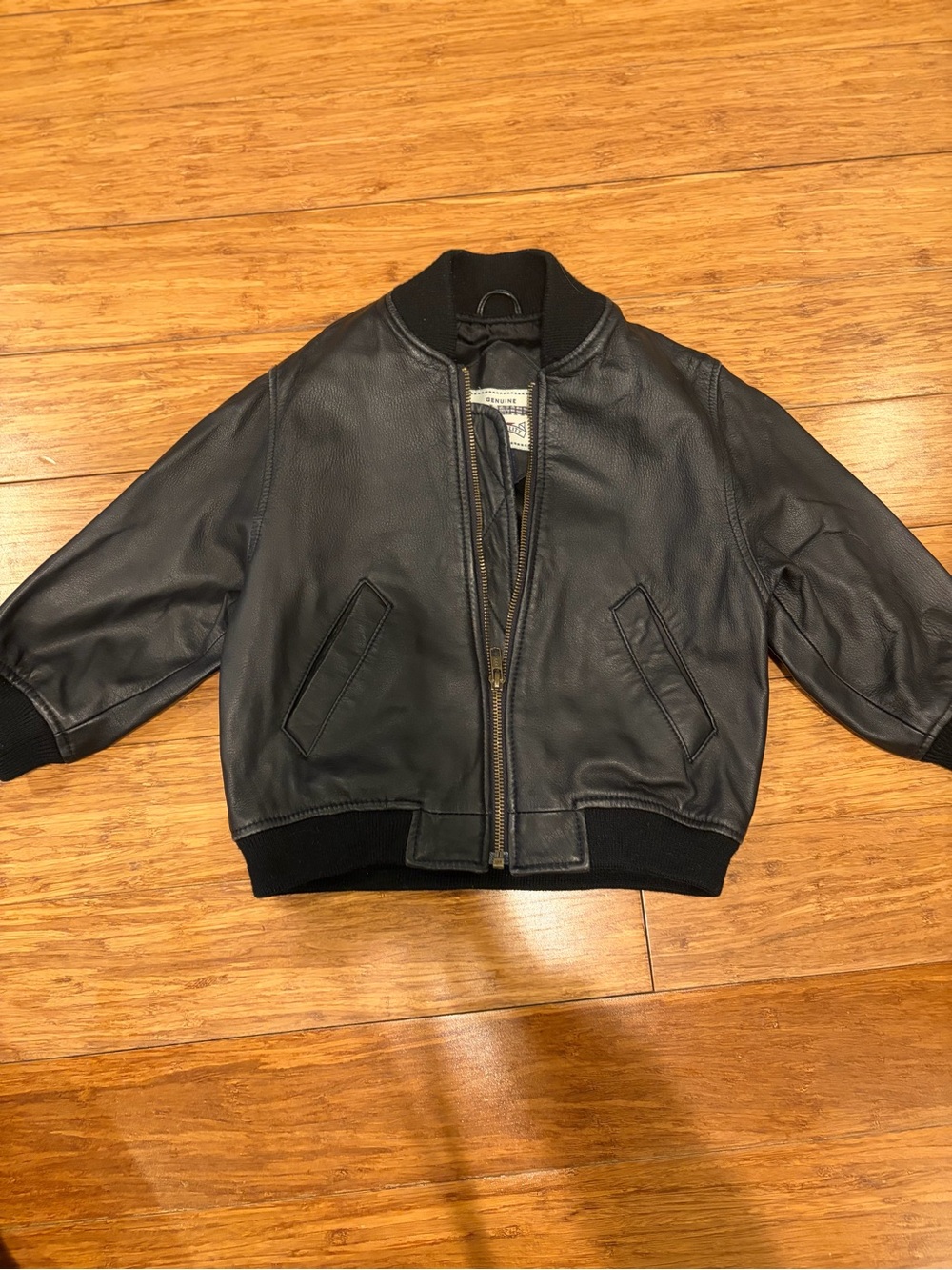 Kids Vintage Black Leather Bomber Jacket - Classic Zip Front SZ 2